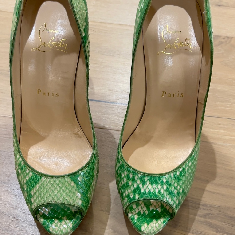 Christian Louboutin Green Snakeskin Peep-Toe Heels